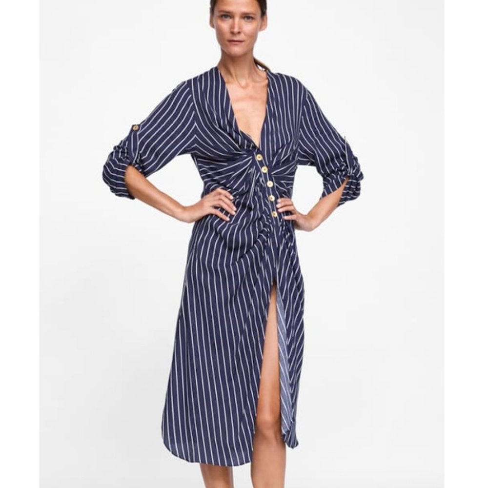 Zara Stripe Asymmetric Drape Button Up Tunic Dress